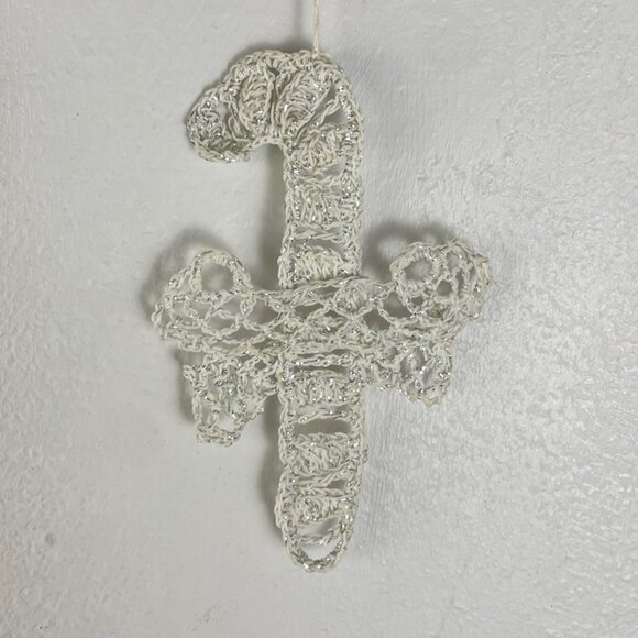 Vintage Crochet Candy Cane Ornament Hand Made White Thread Sparkly Christmas - Picture 2 of 3